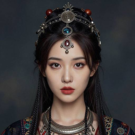 Photograph of an Asian woman with pale skin, dark hair, and red lips, wearing an elaborate jeweled headpiece and necklace, against a dark