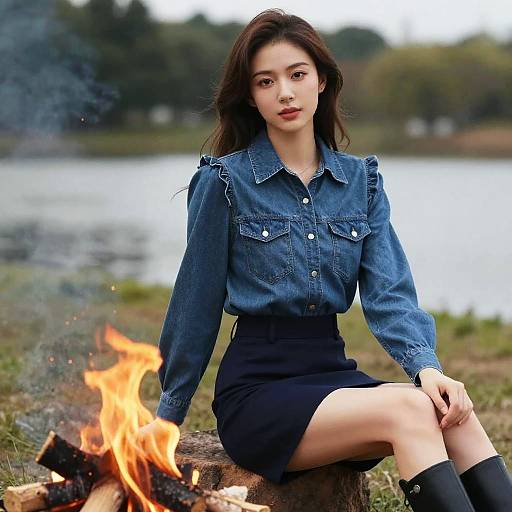 Photograph of an East Asian woman with long dark hair, wearing a denim shirt and black skirt, sitting by a campfire by a lake.