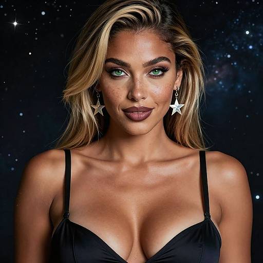 Photograph of a beautiful blonde woman with striking green eyes, star earrings, dark lipstick, black strapless top, and a starry background.