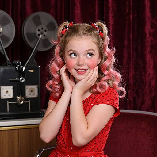 Photograph of a young girl with curly pink and blonde hair, wearing a red polka dot dress, smiling with hands on cheeks, vintage film equipment