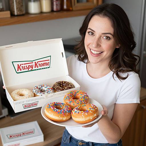 Photograph of a smiling brunette woman in a white shirt, holding a plate of colorful-sprinkled donuts and a box of Krispy K