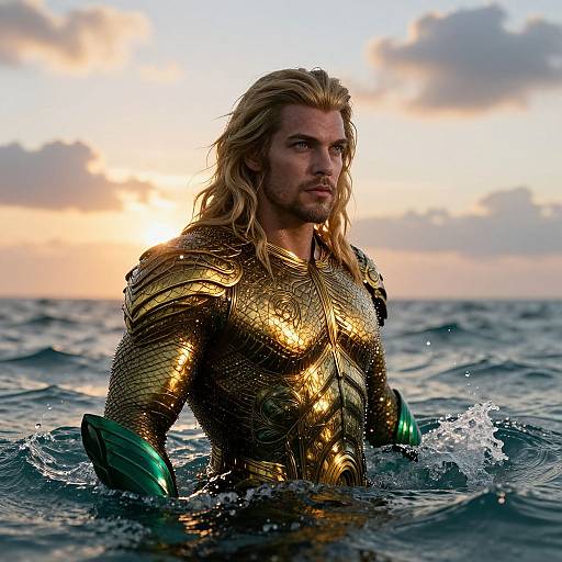 Photograph of a muscular, blond man with long hair, wearing a golden, armor-like superhero suit, standing in ocean water at sunset.