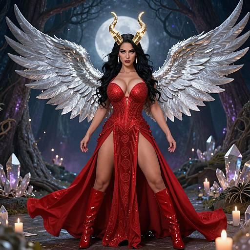 Digital artwork of a powerful, dark-haired woman with golden horns, silver wings, and a red, strapless, slit gown, standing in a moon