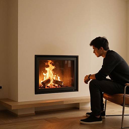 Modern Minimalist Fireplace with Young Man