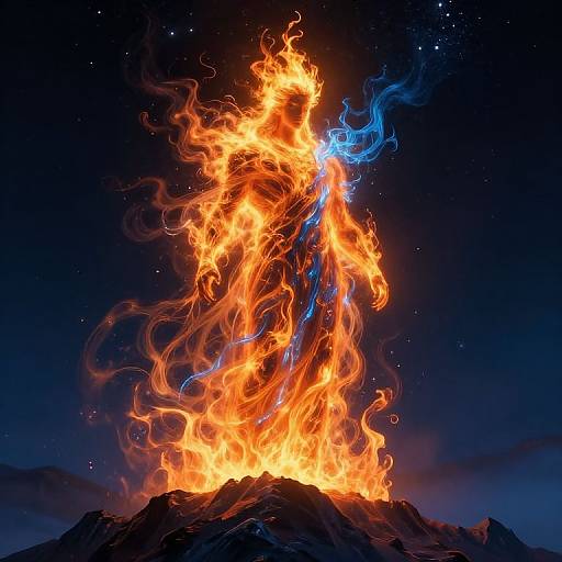 Photograph of a towering, vibrant orange and blue flame engulfing a dark mountain peak under a starry night sky.