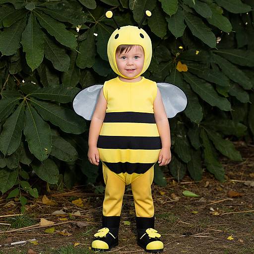 Photograph of a smiling toddler in a yellow and black bee costume with wings, standing in front of dark green leafy bushes.
