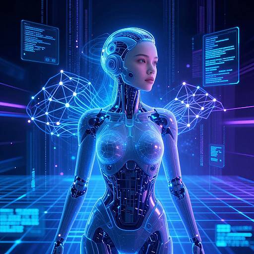 Digital artwork of a glowing, blue-lit, futuristic female robot with intricate circuit patterns, neon wings, and data screens in a high-tech, neon