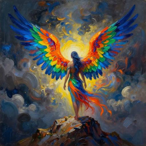 Digital painting of a silhouetted angel with vibrant rainbow wings, standing on a rocky peak, illuminated by a bright, glowing sun amidst swirling clouds