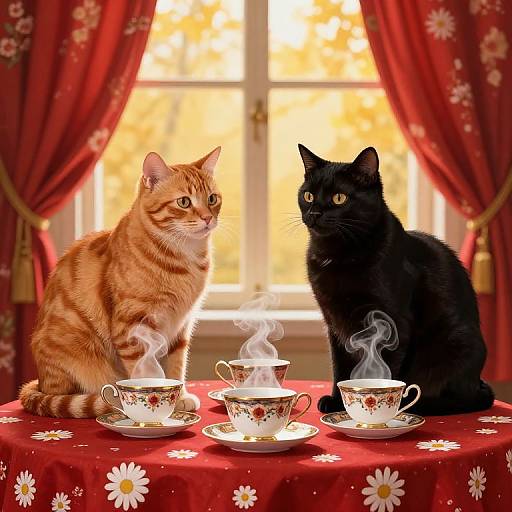 Photograph of an orange tabby and black cat sitting on a red table with floral drape, steaming teacups in front.