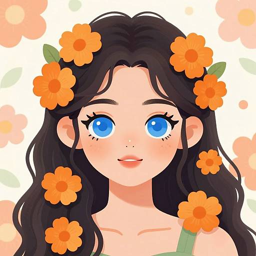 Digital anime-style portrait of a young woman with large blue eyes, long black hair, and orange flowers in her hair, against a white background with soft