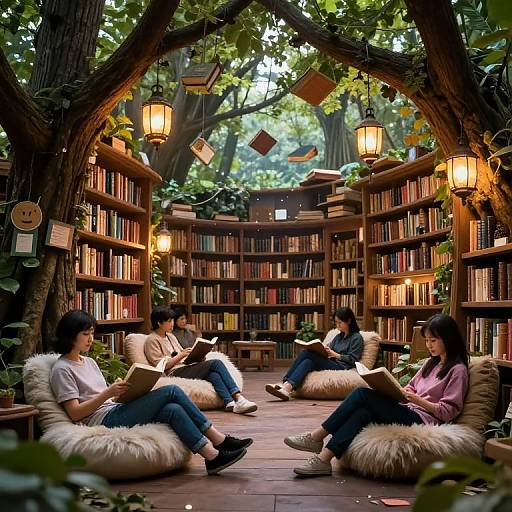 Photograph of four young adults with dark hair, casually dressed, reading in a cozy, treehouse-like library with warm lanterns and bookshelves