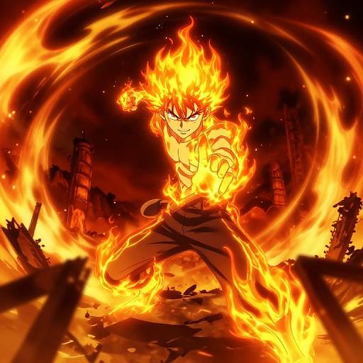 Dynamic anime-style digital illustration of a muscular, shirtless male character with flaming hair and arms, crouched in a fiery, ruined landscape, surrounded
