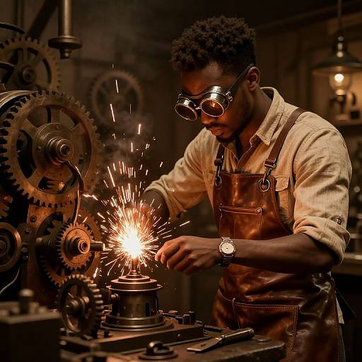 Photograph of a Black man with curly hair and glasses, wearing a beige shirt and brown apron, sparking metal in a dimly lit, industrial