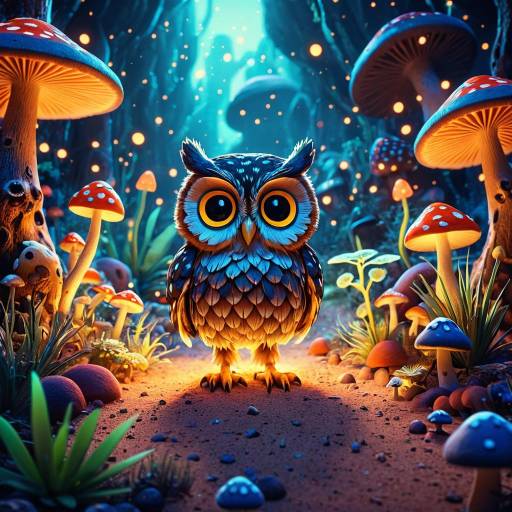 Tiny Owl in Mystical Desert with Glowing Mushrooms