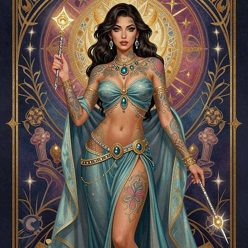 Digital illustration of a tattooed, dark-haired, dark-skinned woman in a turquoise, gold-embellished, revealing outfit, holding a magical