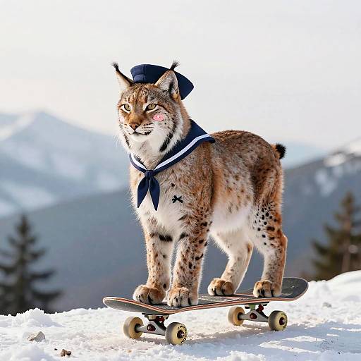Clothed Lynx on Skateboard in Snow