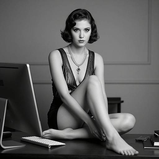 Black-and-white photograph of a beautiful woman with short, wavy hair, wearing a deep V-neck dress and necklace, sitting crossed-legged on a desk