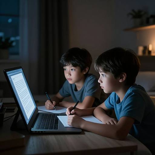Photograph of two young boys with short brown hair, wearing blue shirts, focused on a laptop screen under dim blue lighting.