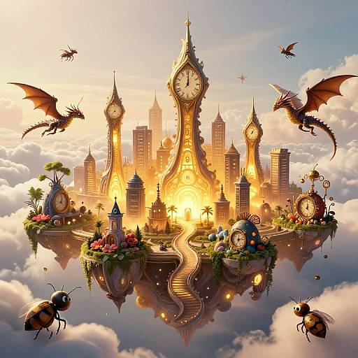 Fantasy digital illustration of a floating clock tower city with glowing golden lights, surrounded by dragons, insects, and clouds.