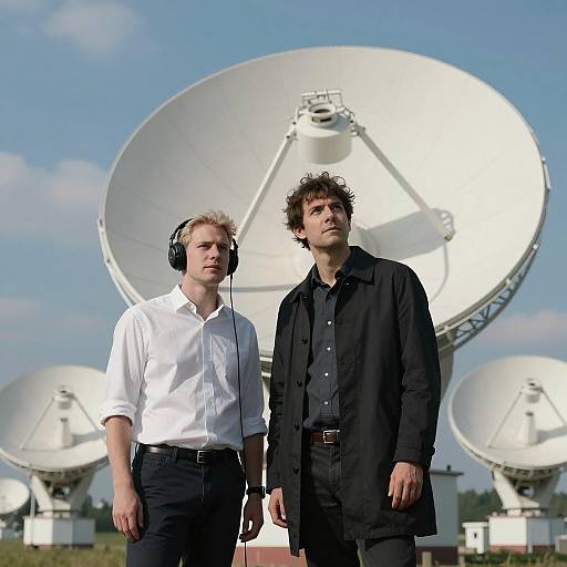 Men Beside Satellite Dishes Under Blue Sky
