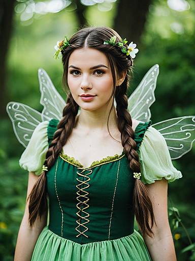 Young Woman in Green Fairy Costume with Wings