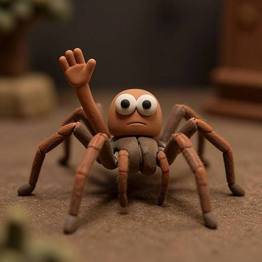 Photograph of a cartoonish, brown, six-legged spider with large, wide-eyed expression, raised left arm, and small, furrowed brow