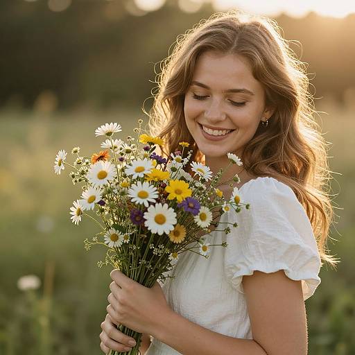 Photograph of a smiling young woman with wavy brown hair, holding a bouquet of colorful wildflowers, wearing a white short-sleeve dress,