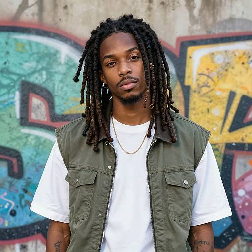 Photograph of a young Black man with long dreadlocks, wearing a green vest over a white t-shirt, standing against colorful graffiti.