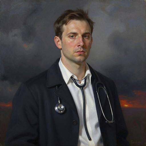Photorealistic portrait of a serious, fair-skinned man with short brown hair, wearing a black coat, white shirt, and stethoscope,
