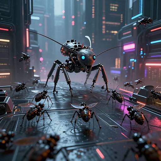 CGI sci-fi scene: Robotic insects with glowing blue eyes and segmented bodies swarm a neon-lit, futuristic city street at night.