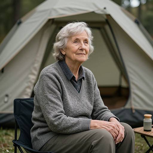 Photograph of an elderly woman with short white hair, wearing a gray sweater and brown pants, seated in front of a green camping tent outdoors.