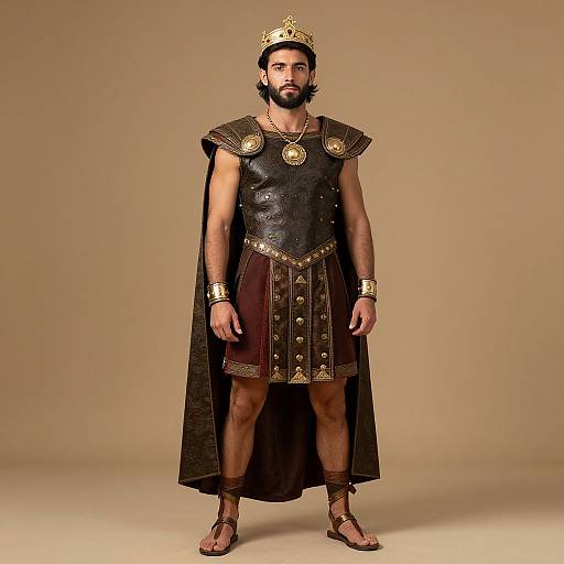 Photograph of a bearded man in ancient Roman-style armor, including a gold crown, black leather tunic, red skirt, gold armlets,
