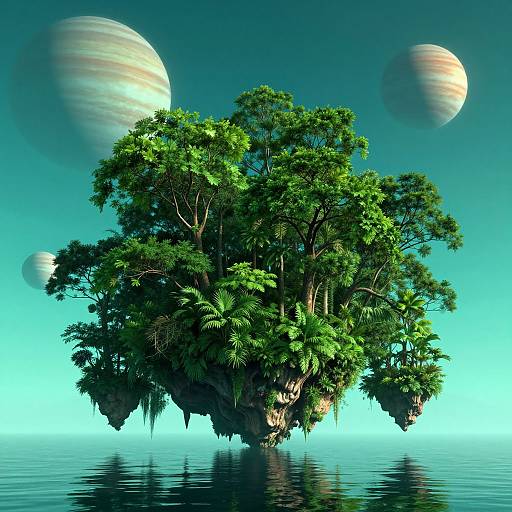 Photorealistic CGI of a lush, green island with dense foliage floating on calm water, surrounded by three large, colorful planets against a turquoise sky.