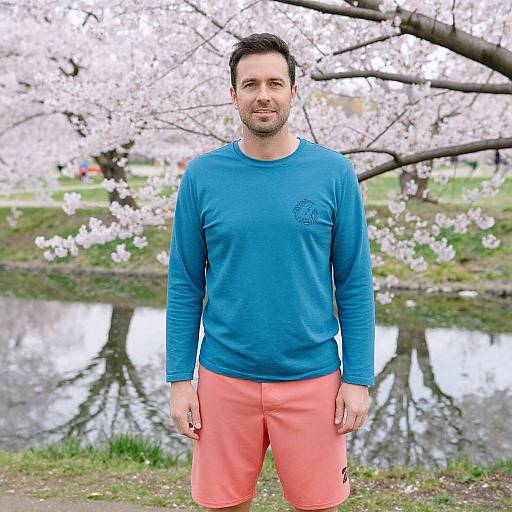 Photograph of a bearded man with short dark hair, wearing a blue long-sleeve shirt and orange shorts, standing in front of a cherry