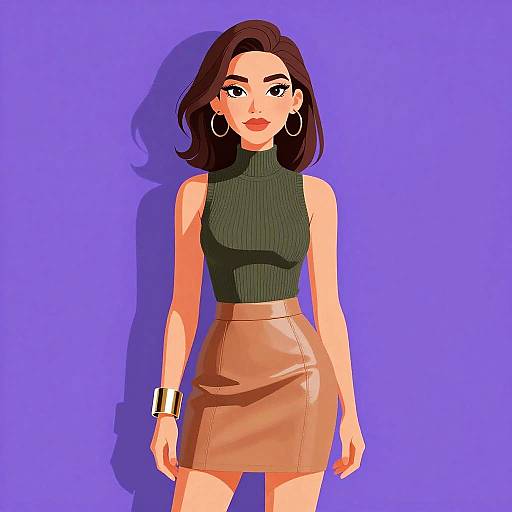 Digital illustration of a stylish woman with dark brown hair, wearing a green turtleneck, brown leather skirt, large hoop earrings, and a black bracelet