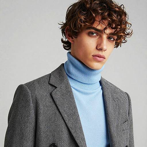 Photograph of a young man with curly brown hair, wearing a gray herringbone blazer over a light blue turtleneck, against a plain