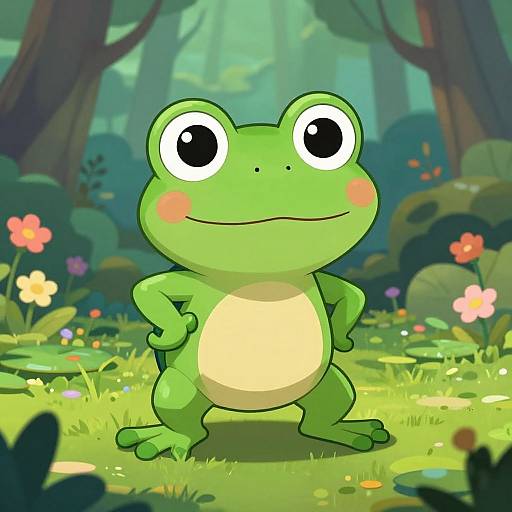 Cartoon green frog with large eyes and pink cheeks, standing confidently in a colorful, sunny forest with flowers and trees.