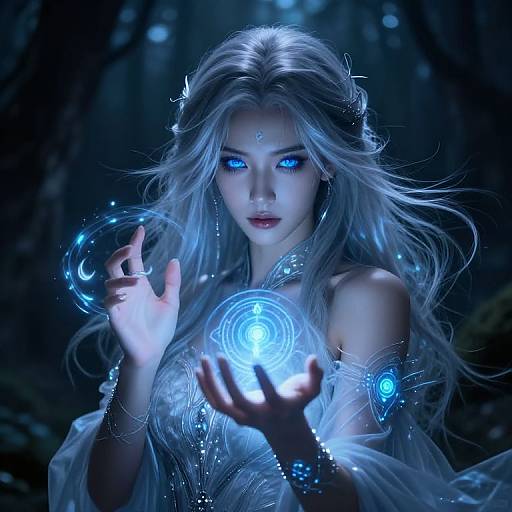 Digital fantasy artwork of a glowing blue-eyed, long-haired woman in a dark forest, holding ethereal blue orbs, with luminous, intricate jewelry.