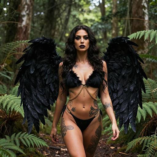 Woman in black feather wings in forest