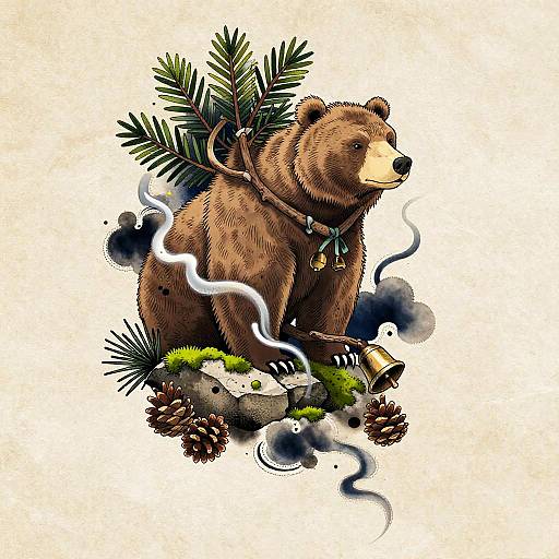 Illustration of a brown bear with pine branches, moss, and pinecones, sitting on a rock with smoke swirling around.