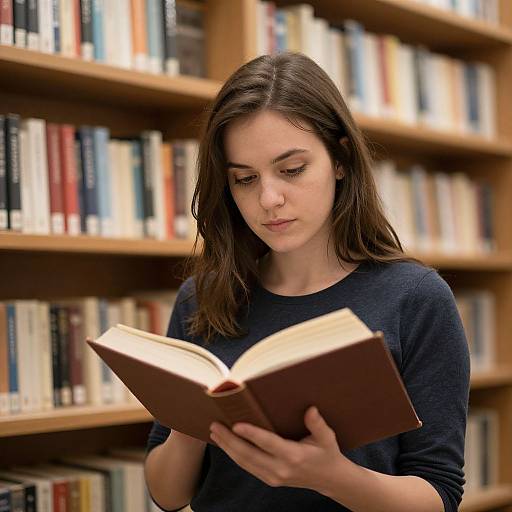 Young woman with long brown hair, wearing a navy sweater, reading a book in a library with wooden bookshelves in background.