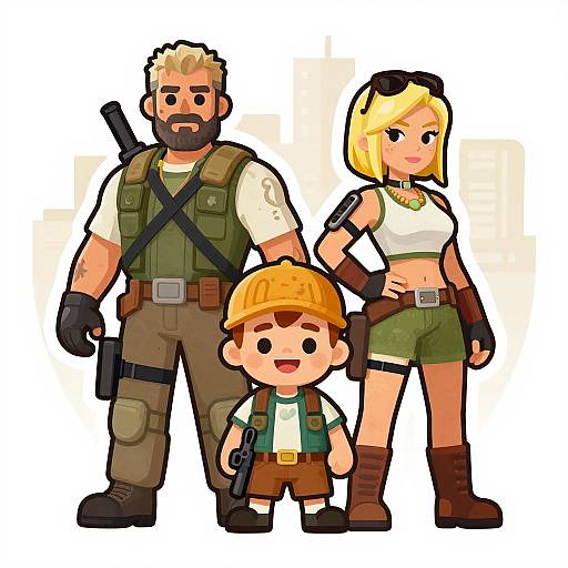 Digital cartoon of a muscular bearded man, a blonde woman in green outfit, and a small child with a yellow helmet, standing together.