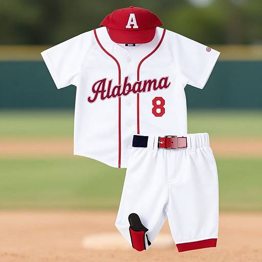 Photograph of a white baseball uniform with red trim, featuring 