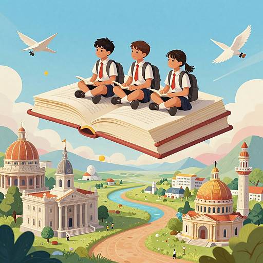 Children Soaring on Giant Book