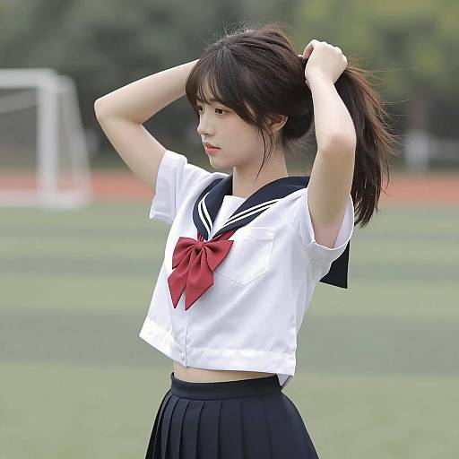 Young Woman in Sailor School Uniform Adjusting Hair