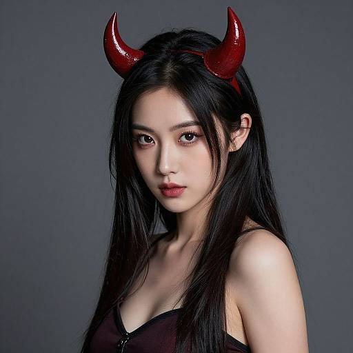 Photograph of an East Asian woman with long black hair, wearing red devil horns and a black top, against a dark gray background, with a neutral