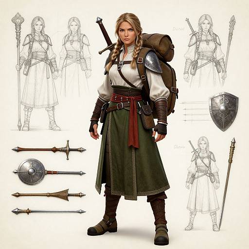 Digital concept art of a blonde warrior woman in medieval armor, standing with backpack, sword, shield, and various weapons, surrounded by sketch outlines and weapon