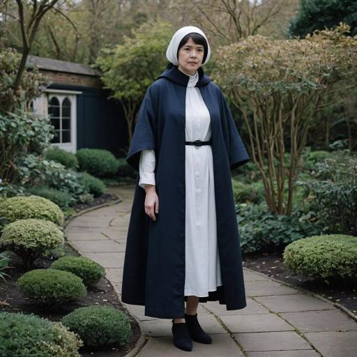 Nun in garden wearing black and white habit