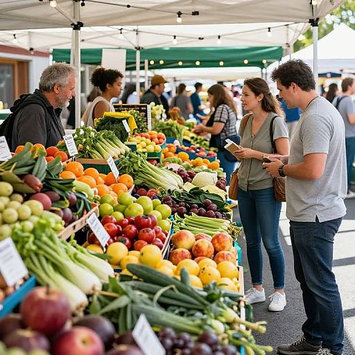 Photograph of a vibrant outdoor market stall with colorful fruits and vegetables, two young people conversing with an older vendor under a white canopy.