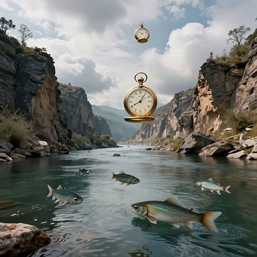 Photograph: Golden pocket watch floating above a serene river with three fish, surrounded by rocky canyon walls under a cloudy sky.